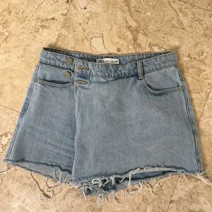 Zara Sky Blue Frayed Hem Jean Shorts